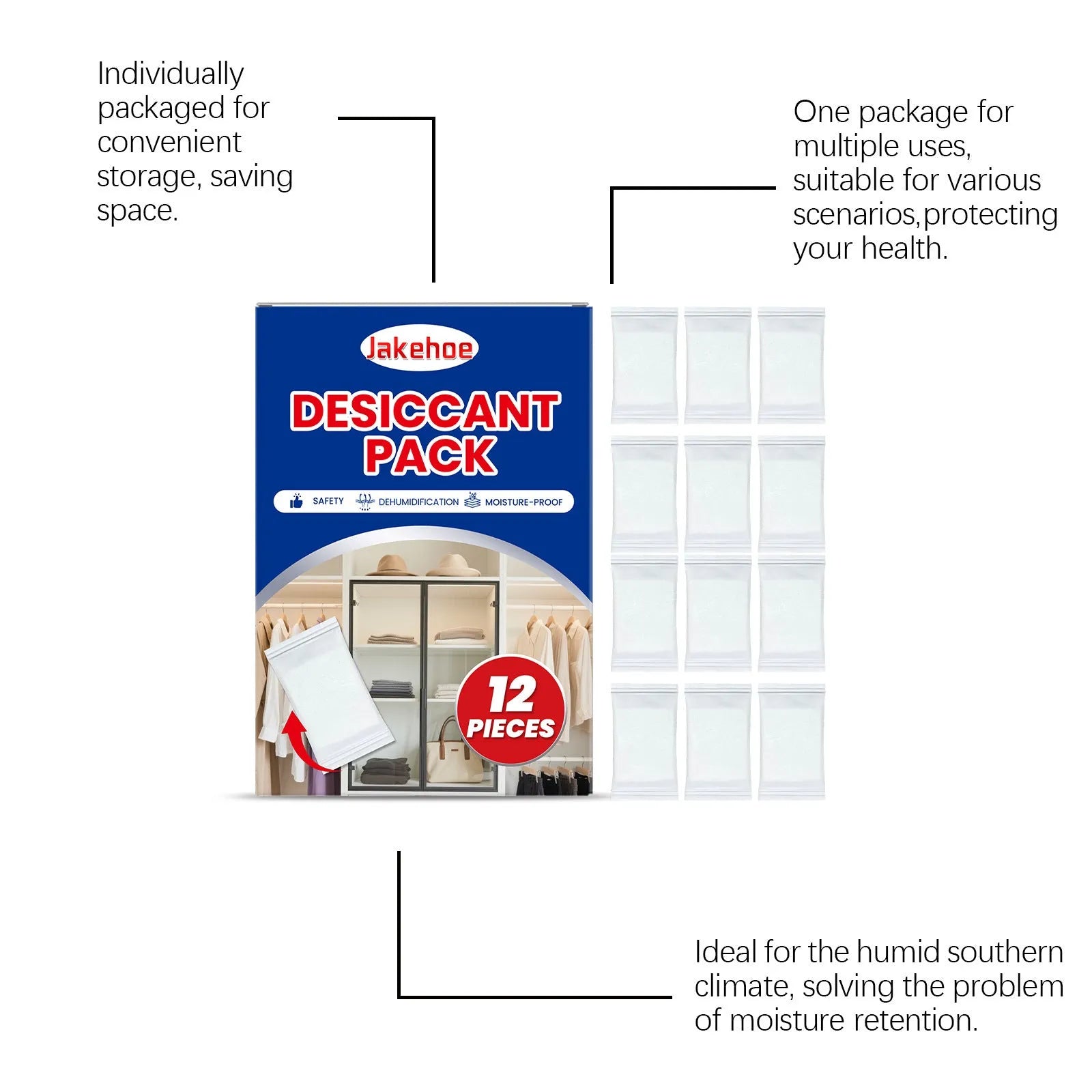 Pack of 12 white calcium chloride anti-odour desiccant bags for home moisture control.