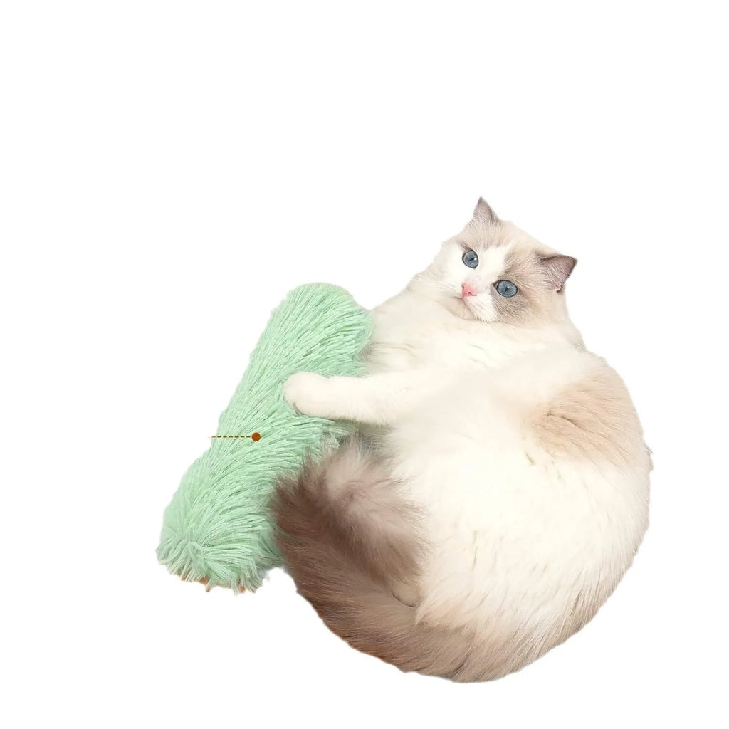 Rectangular blue plush cat toy pillow measuring 27cm long by 10cm wide.