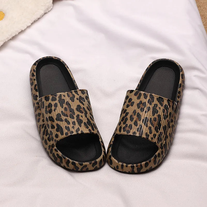Women's leopard print slippers with thick EVA sole in multiple colour options.