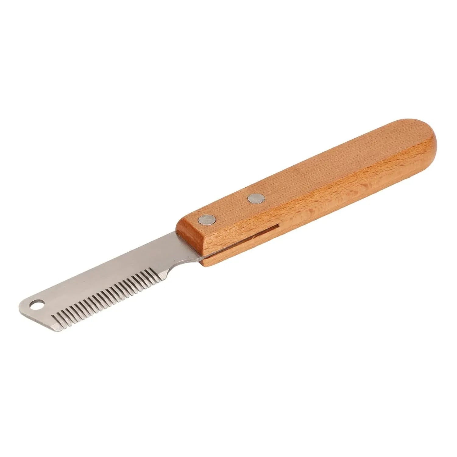 Pet stripping comb with wood handle for removing floating hair and mats from dogs and cats.