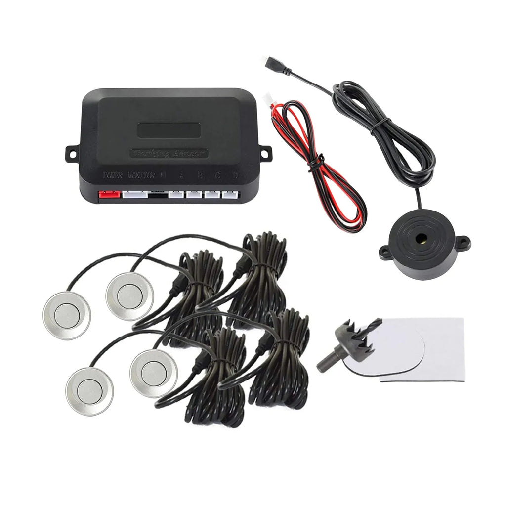 4-probe screen-less buzzer reversing radar system with sensors, control module, and hole saw for car installation
