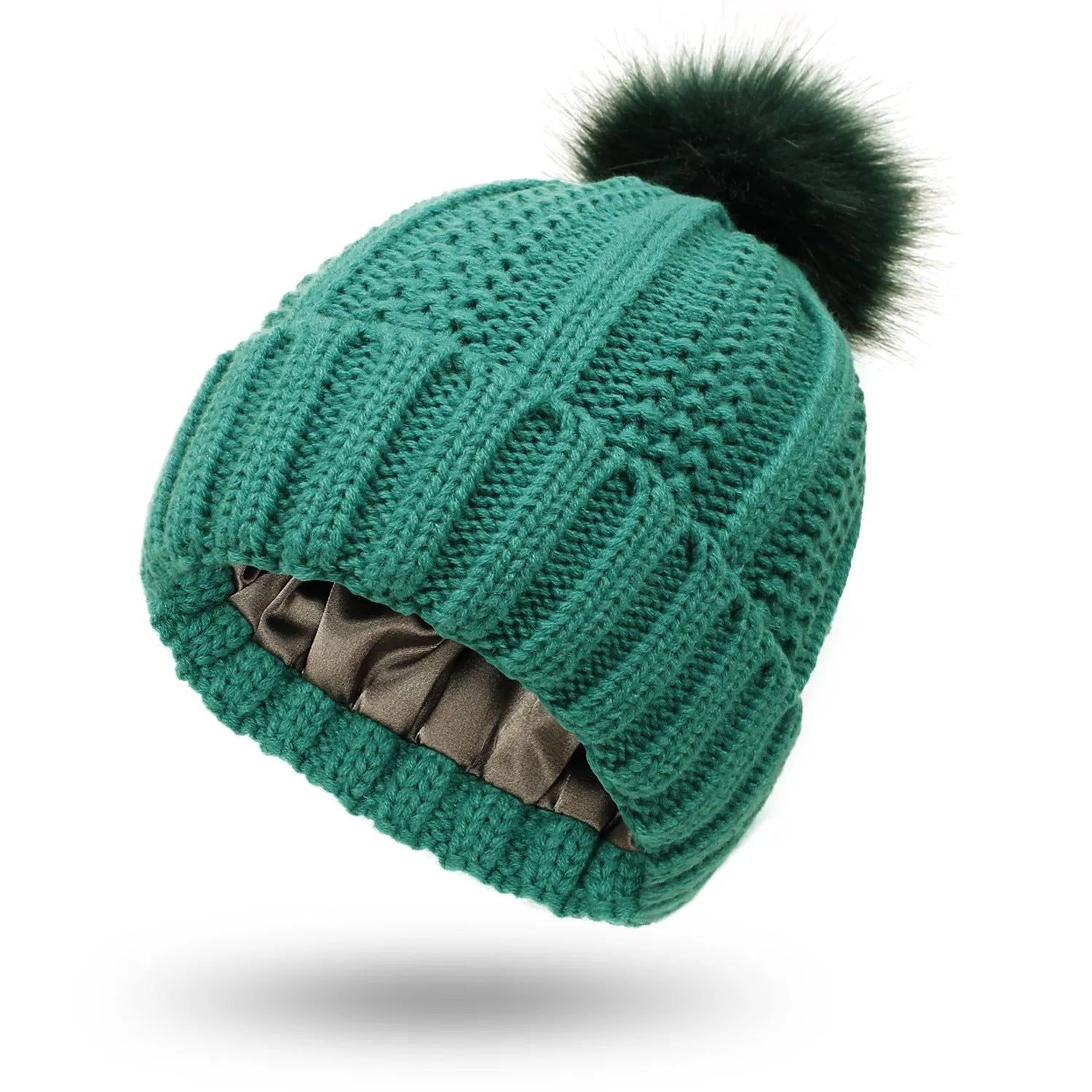 Wool skull knit beanie with satin lining and faux fur pom pom in various colours