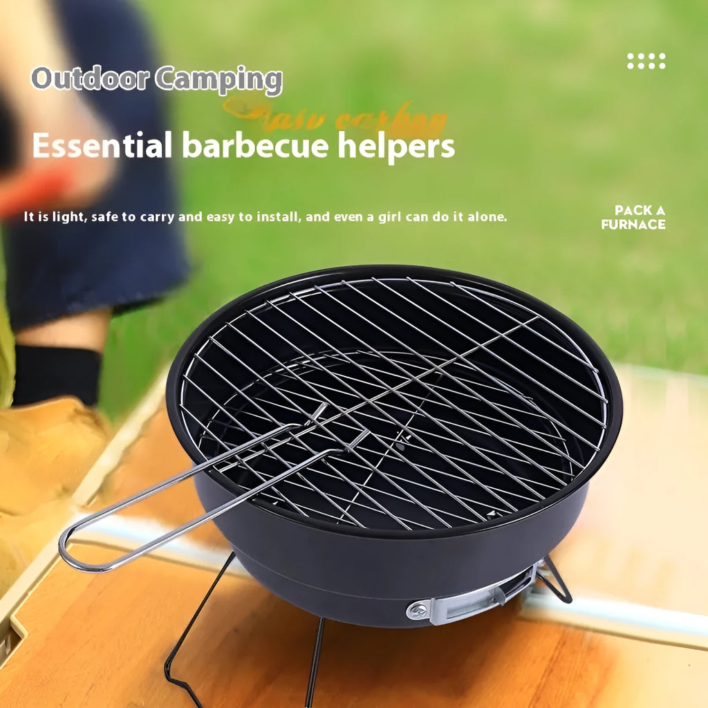 Small folding round ice stove with charcoal barbecue grill, mesh, and furnace legs for outdoor cooking