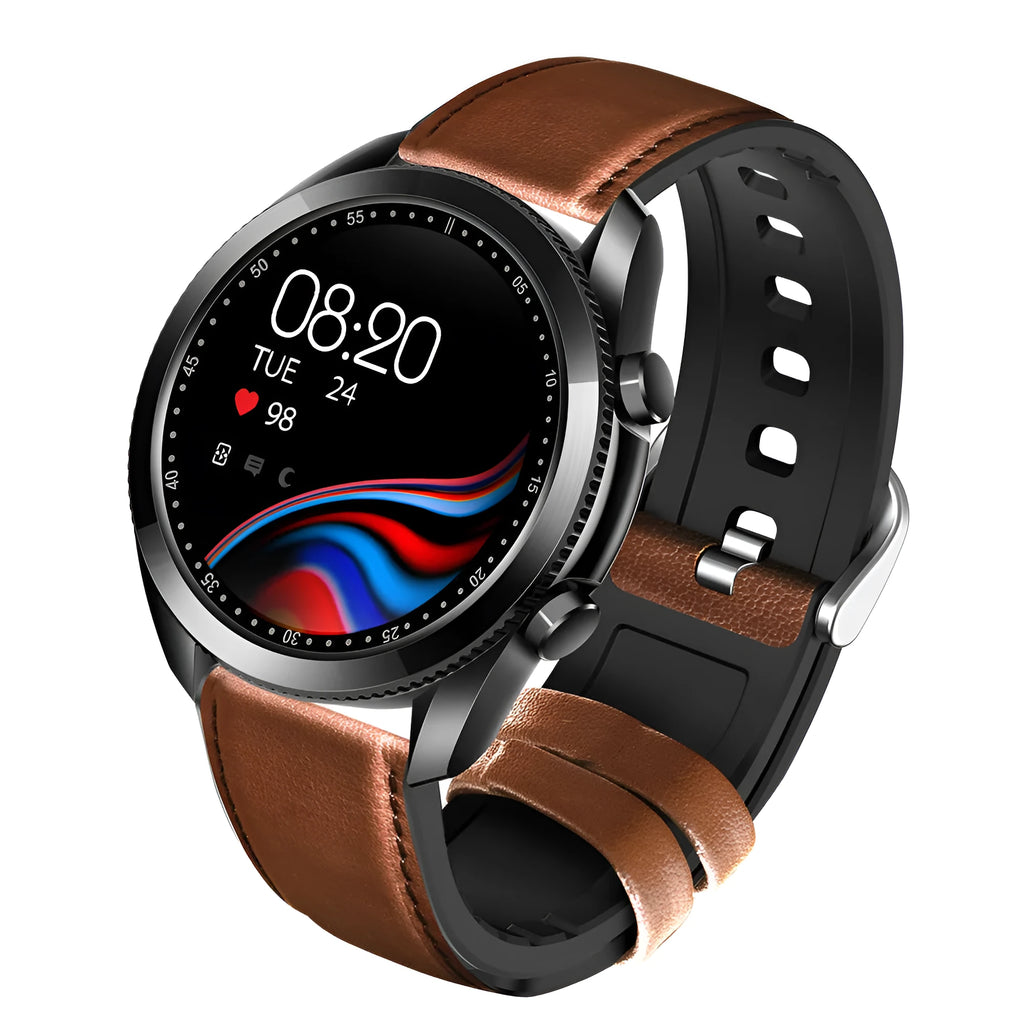 UM90 smartwatch with large screen on leather strap, showing fitness stats and call function interface.