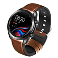 UM90 smartwatch with large screen on leather strap, showing fitness stats and call function interface.