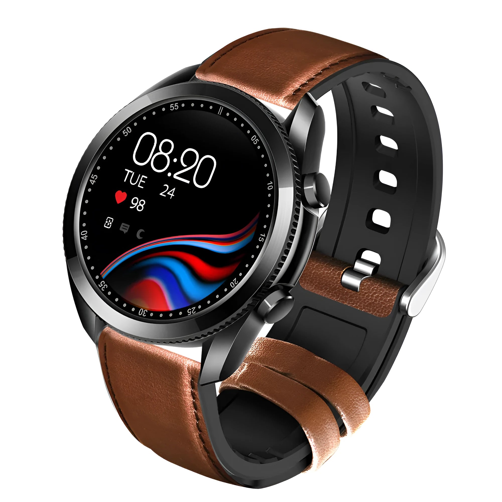 UM90 smartwatch with large screen on leather strap, showing fitness stats and call function interface.
