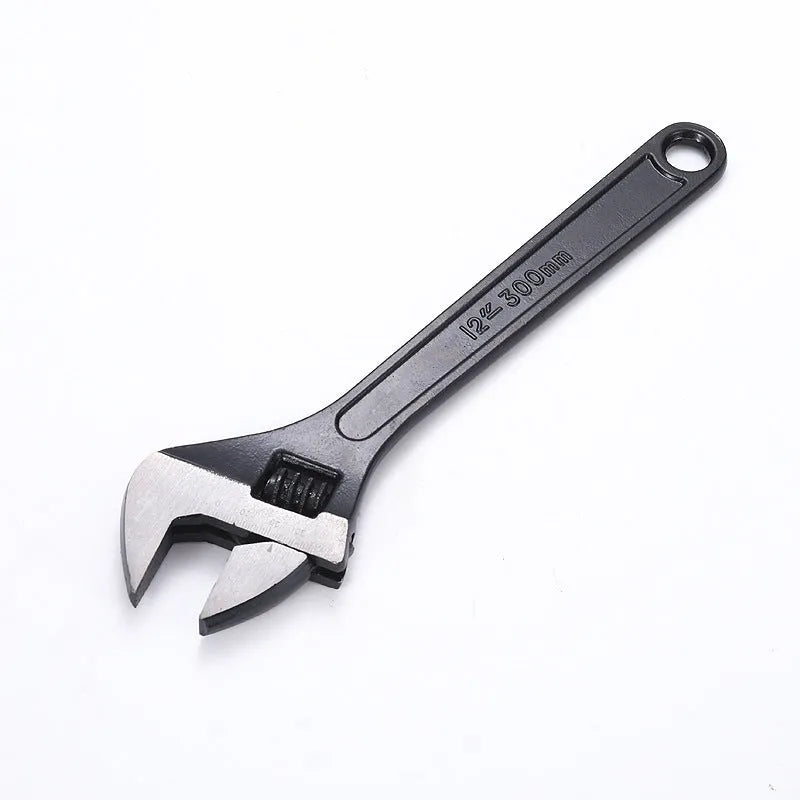 High carbon steel adjustable spanner tool with black finish showing open jaws and ergonomic handle