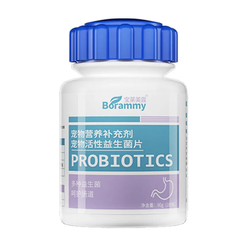 Bottle of 180 pet probiotic tablets for cat and dog digestive health support