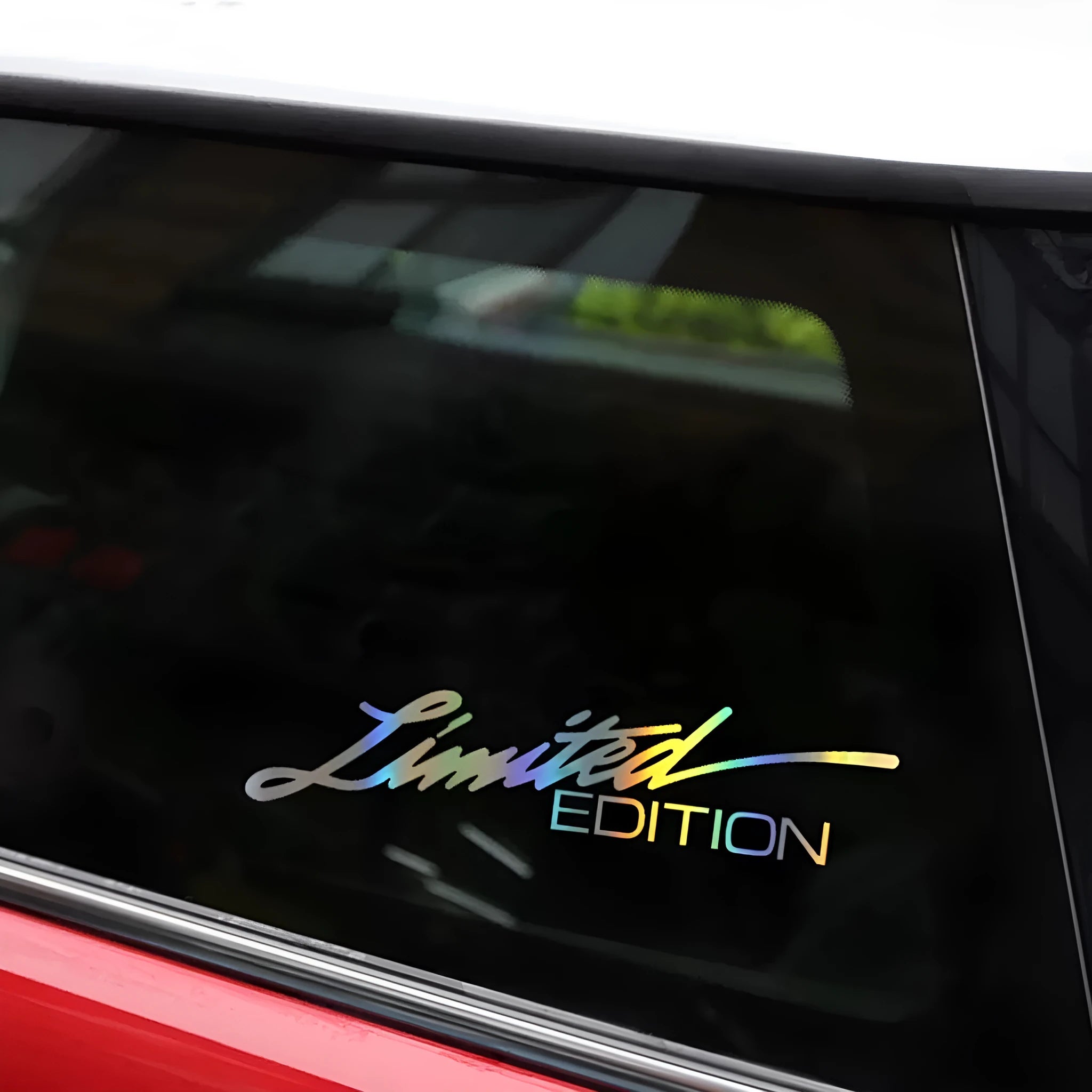 Black laser reflective car sticker with text design on vehicle bodywork