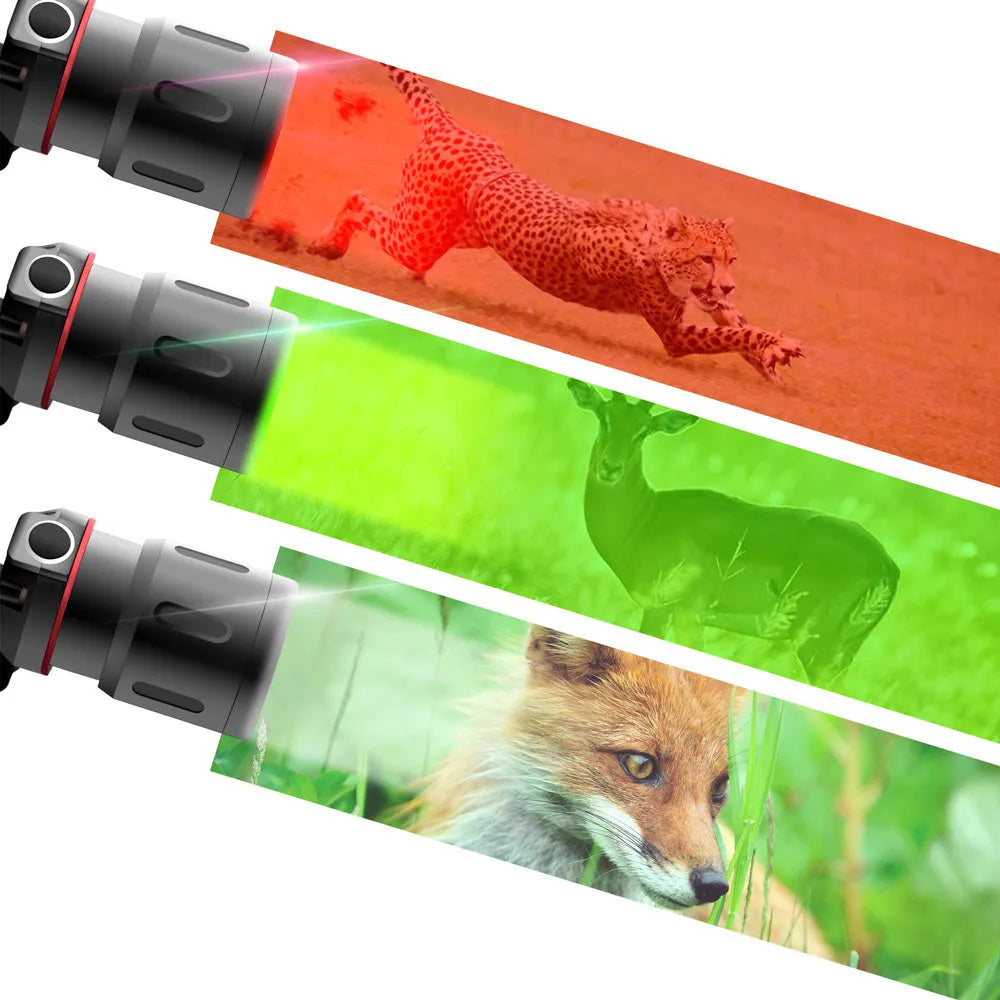 T6 LED zoom headlamp showing white, red, and green light outputs on an adjustable headband.