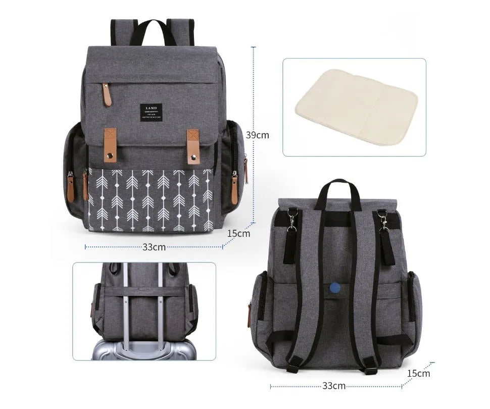 LAND Mommy large capacity oxford cloth diaper backpack with changing mat in grey colour.