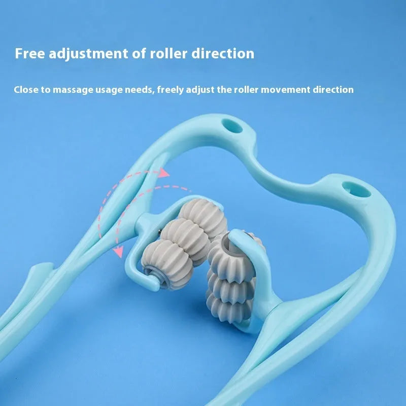 Blue plastic six-wheel massage roller for shoulders, neck and waist