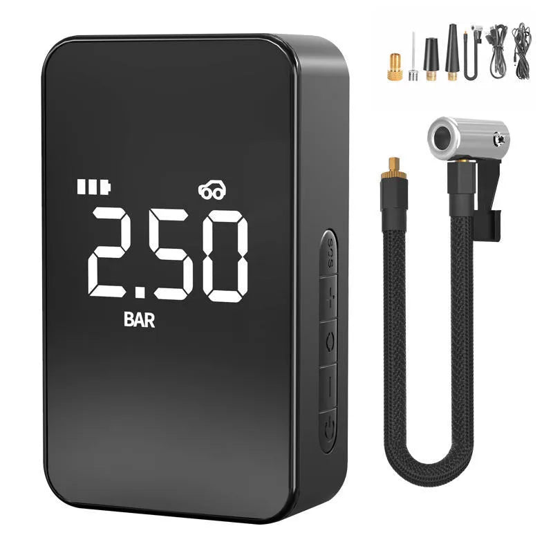 Wireless digital display tyre inflator pump with LED light showing pressure reading on screen