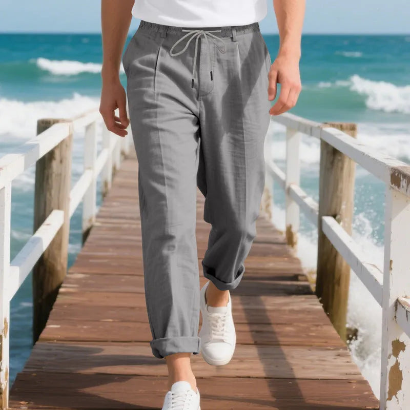 Men's linen straight-leg trousers in army green colour with drawstring waist