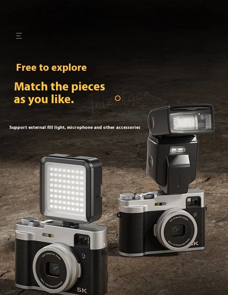 Black 5K digital camera with front and rear lenses, a 2.88-inch screen, and an optical viewfinder on top.