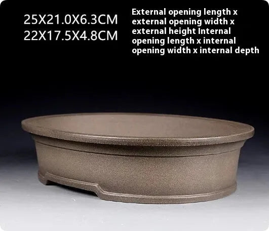 Handmade antique oval purple sand bonsai pot for succulents, dimensions 25x21x6.3 cm.