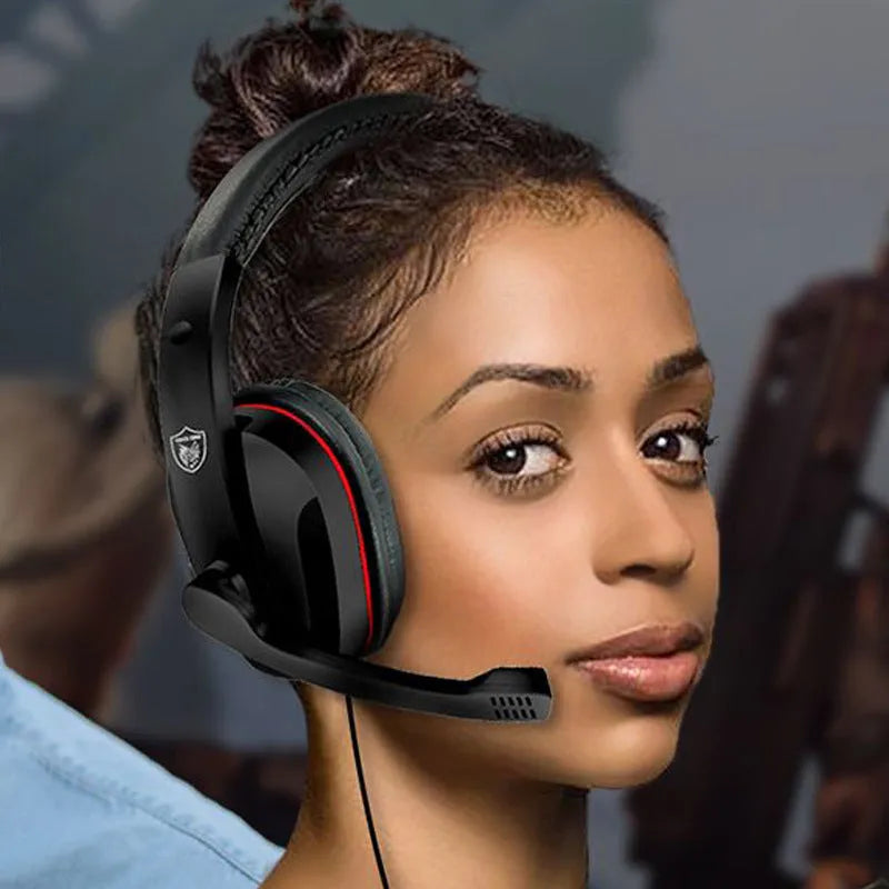 Black wired gaming headset for PC with 40mm speakers and a 1.2m cable ending in a 6.3mm straight plug.