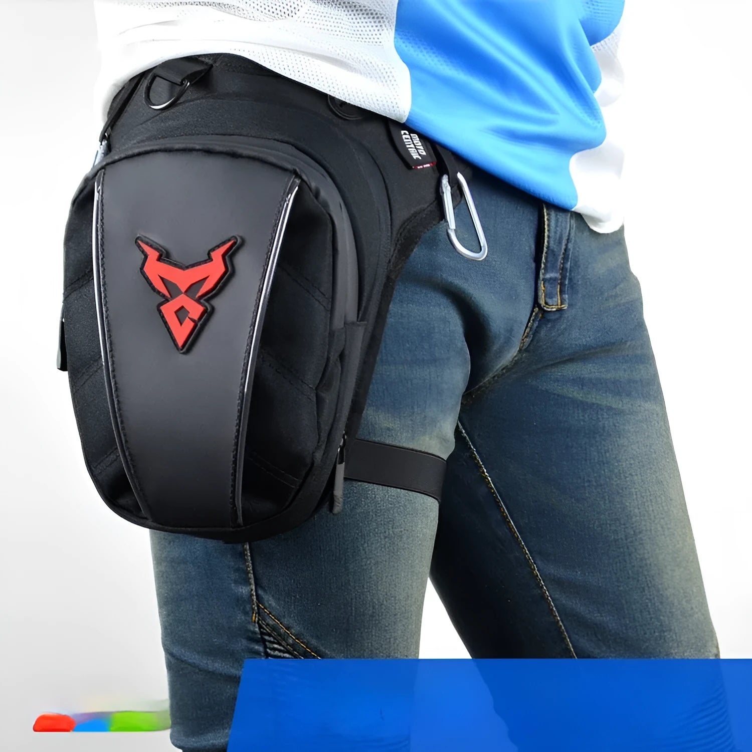 Motorcycle crossbody shoulder waist leg bag in 1200D Oxford cloth, shown in blue.
