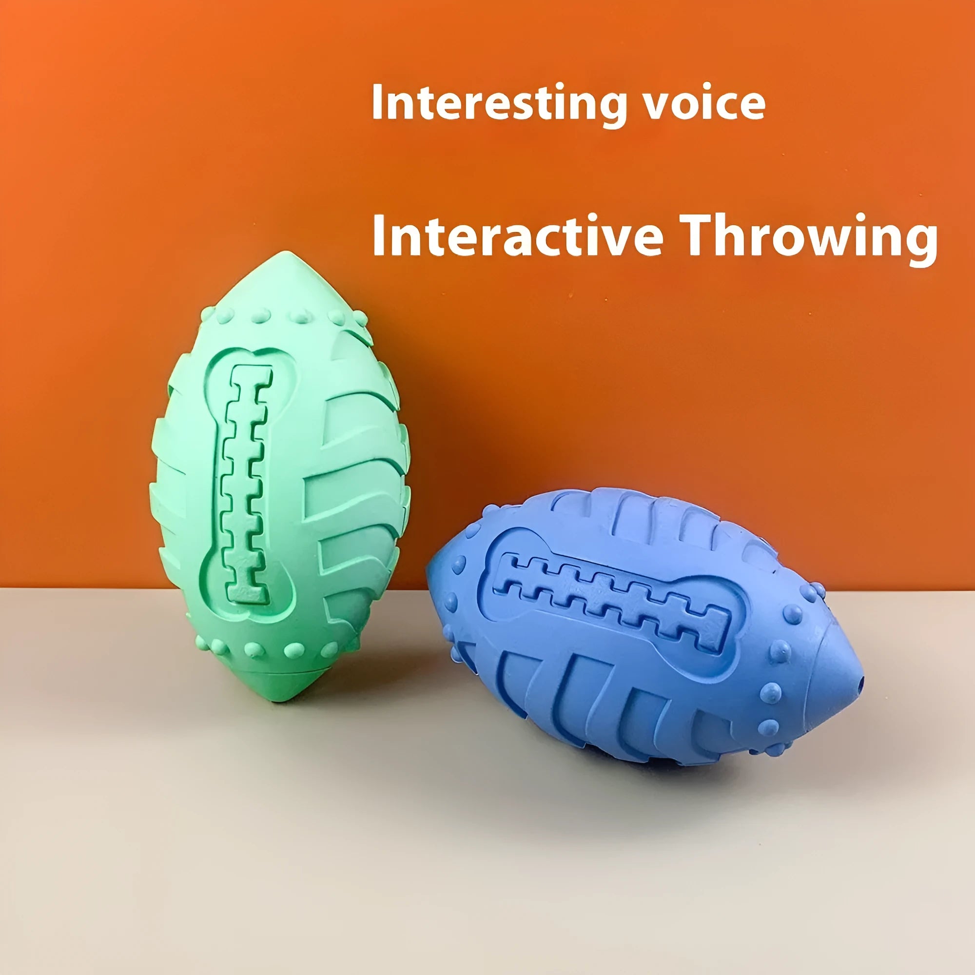 Light green rugby-shaped rubber dog toy with bite-resistant texture for chewing and interactive play