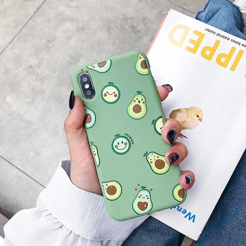 Avocado cartoon print on a green flexible TPU phone case for iPhone.