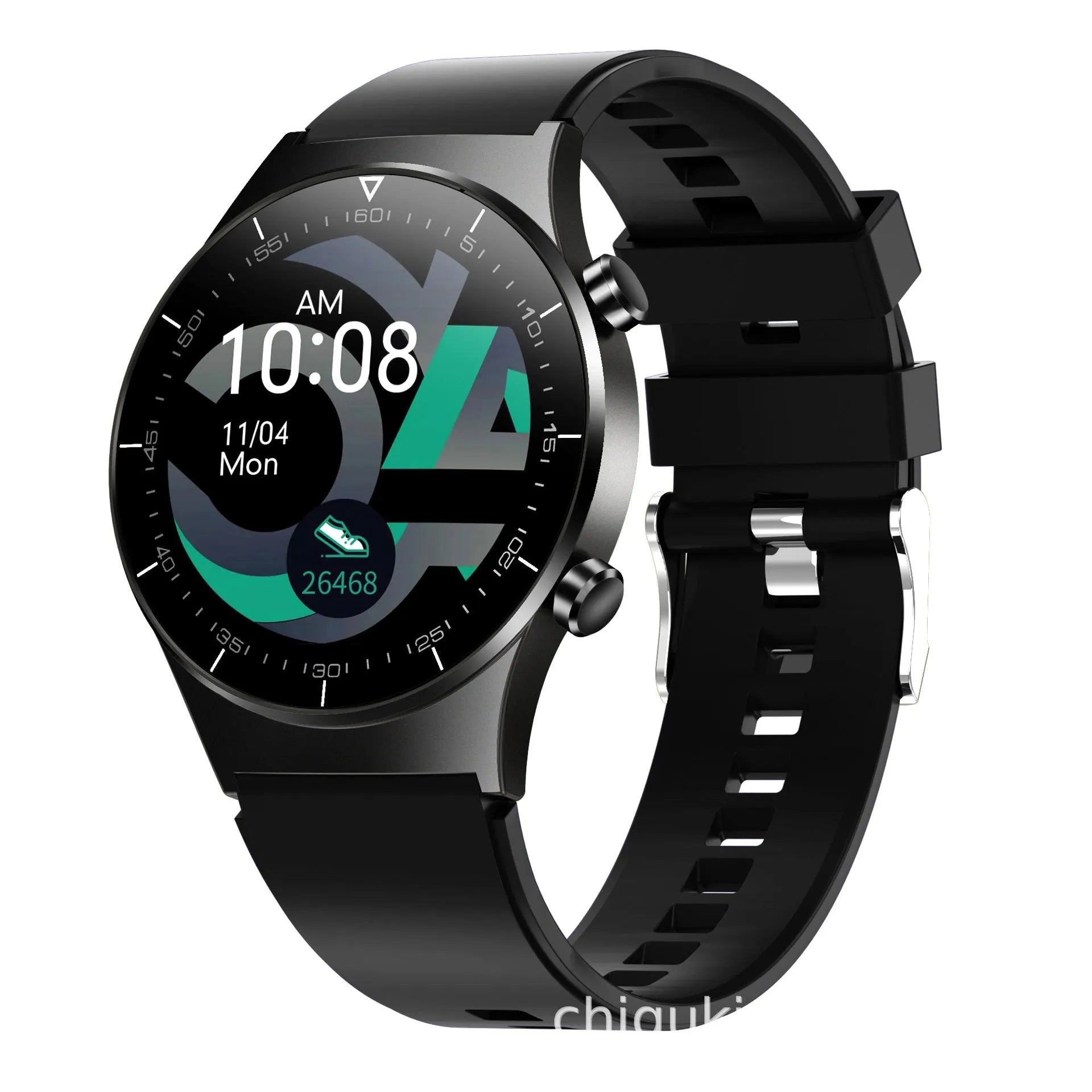 Black smartwatch with 1.3-inch glass touchscreen displaying heart rate and step count data on TPU wristband