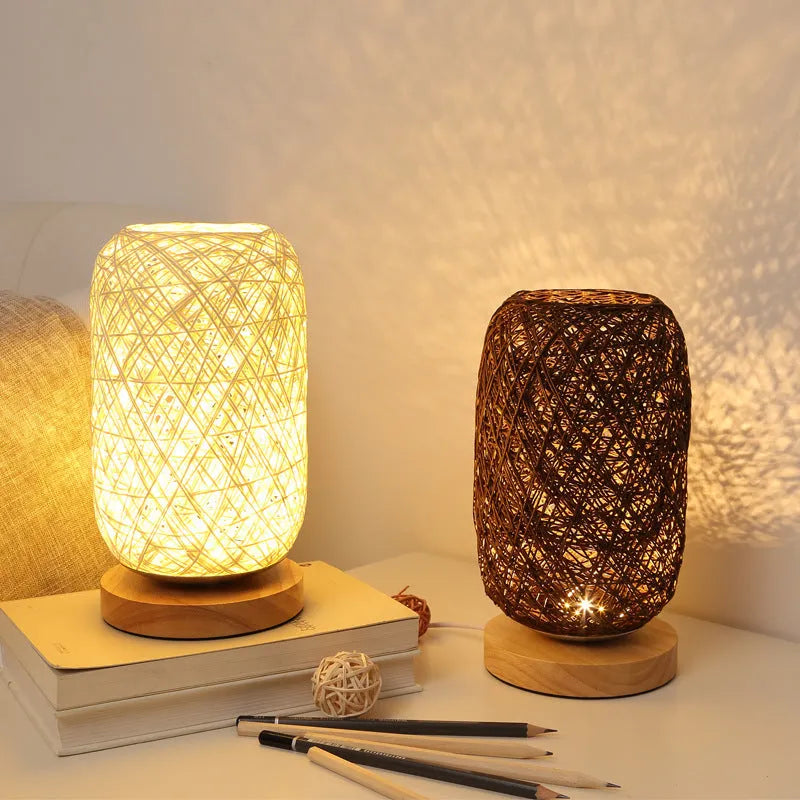 Natural hemp rope Sepak Takraw desk lamp with solid wood base and USB-powered LED light