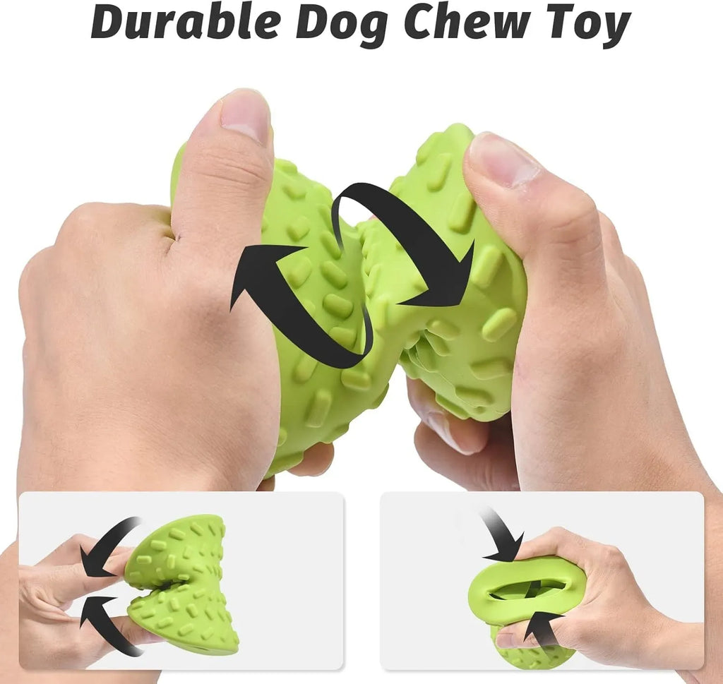 Blue rubber bone-shaped dog toy with hollow centre and food leakage holes
