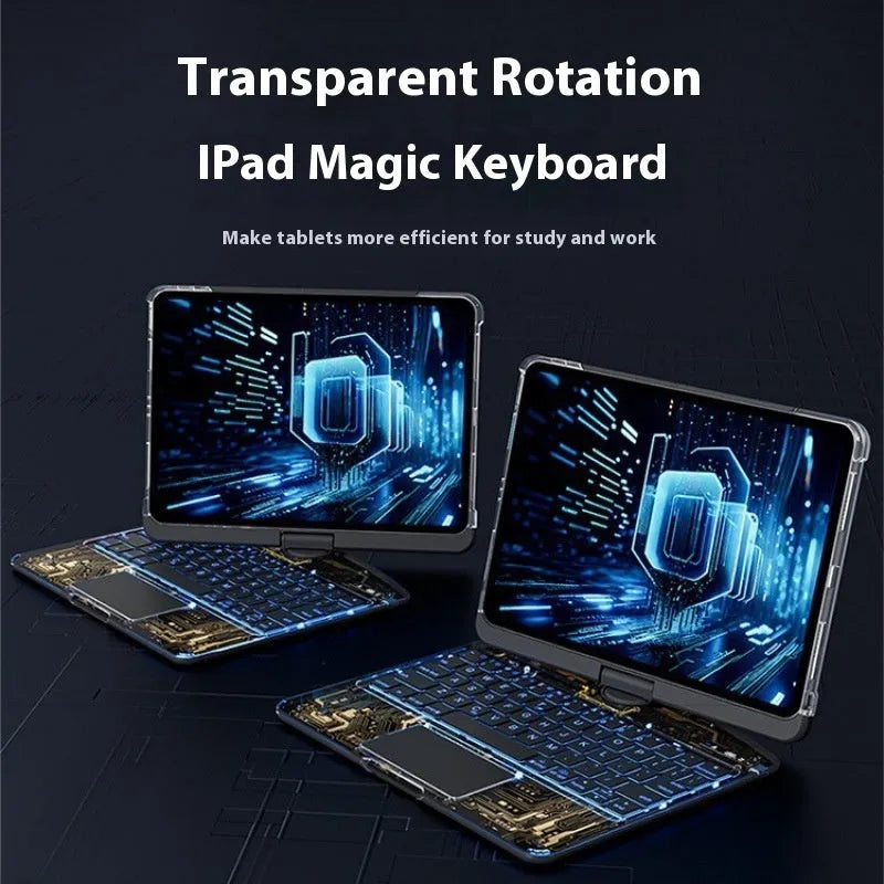 Transparent rotating keyboard case for iPad Air 5 tablet showing wireless keyboard and 360° magnetic stand