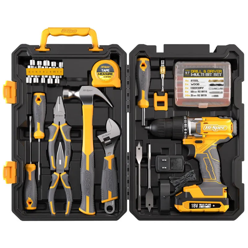 Grey-yellow toolbox open to show 82-piece chrome-vanadium steel tool set for furniture installation.