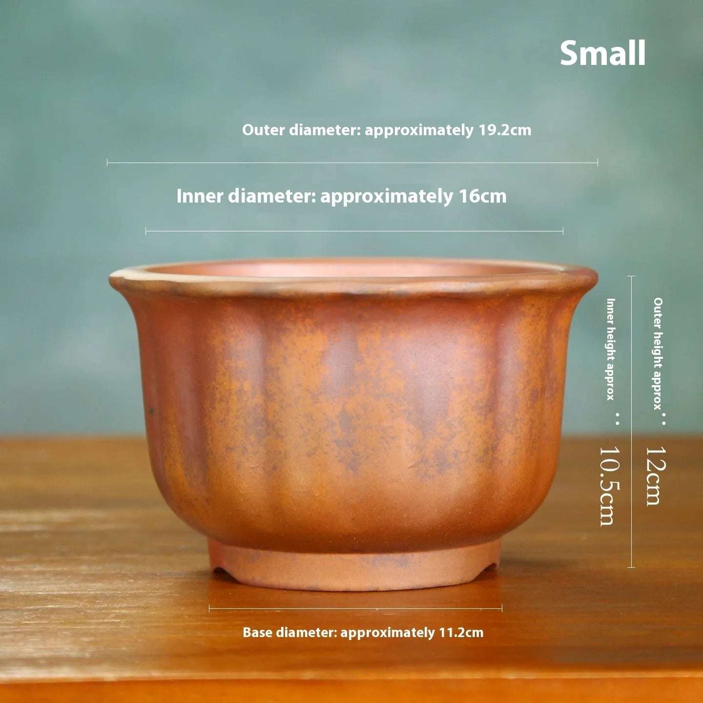 Antique carved ceramic flower pot with purple sand finish and wood burning texture