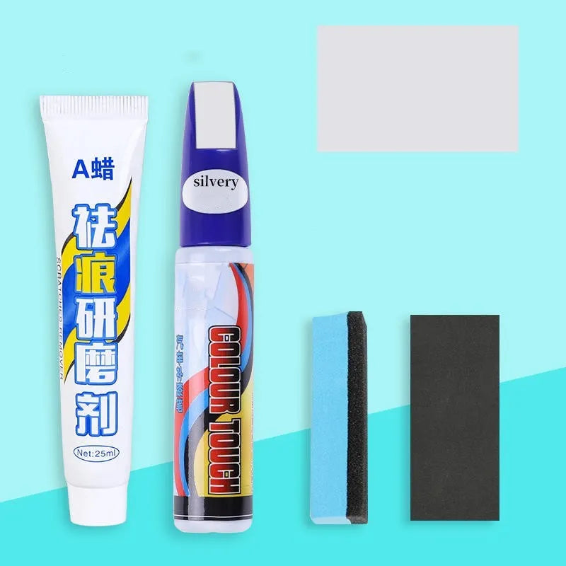 Automotive scratch repair kit with paint pen, wax tube, sponge, and sandpaper for DIY car paint touch-up.