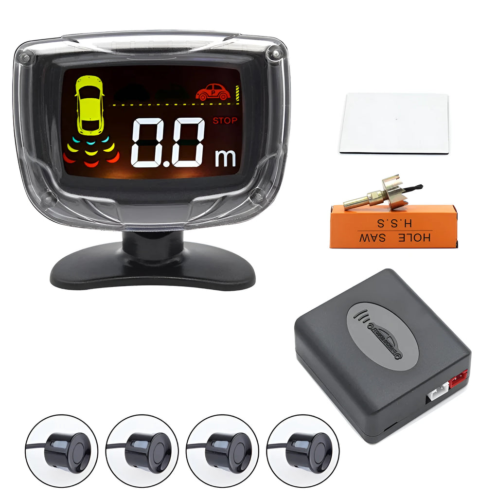 Wireless reversing sensor system with main unit, four probes, digital display, and installation accessories