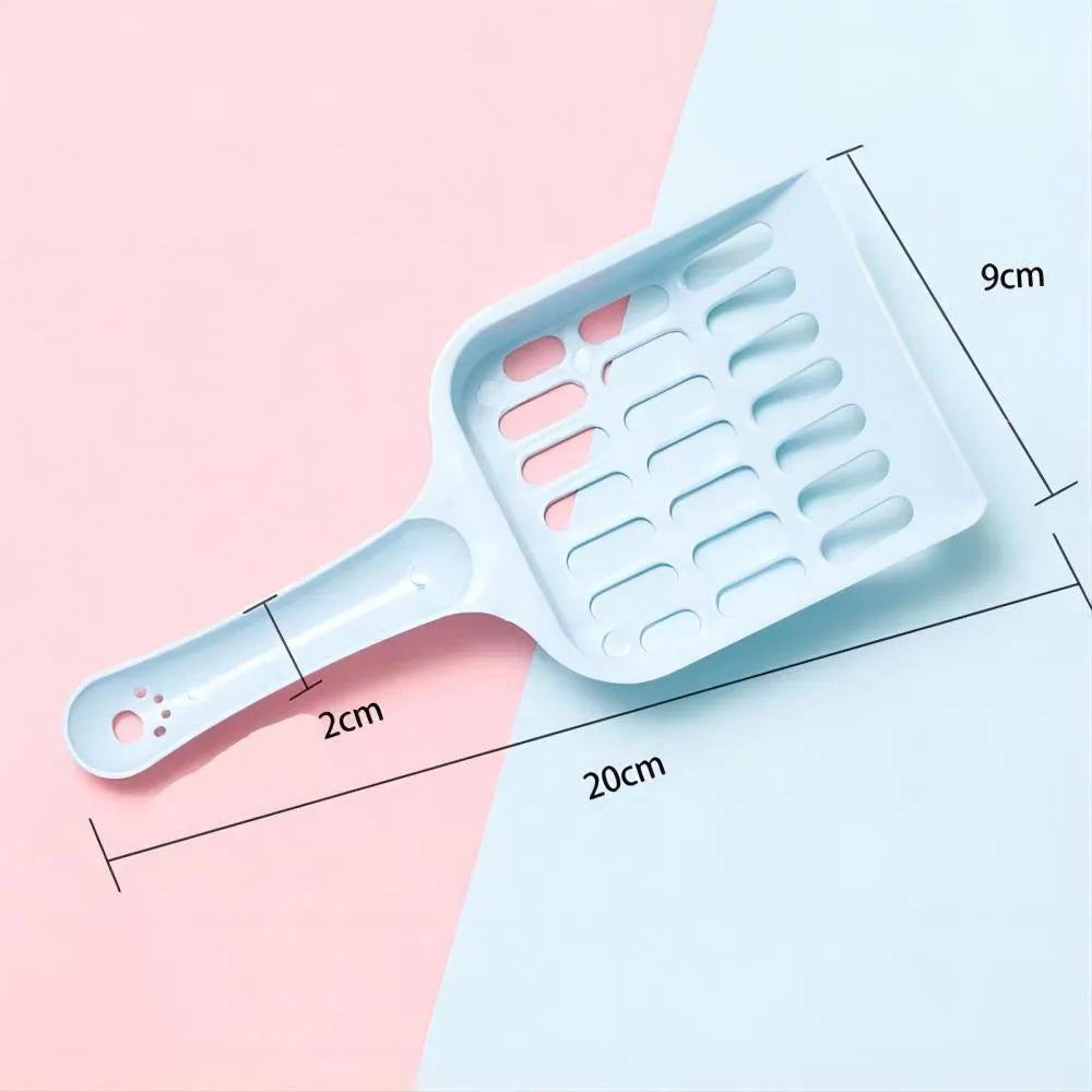 Blue plastic cat litter scoop on a white background, showing its size and sifting holes.