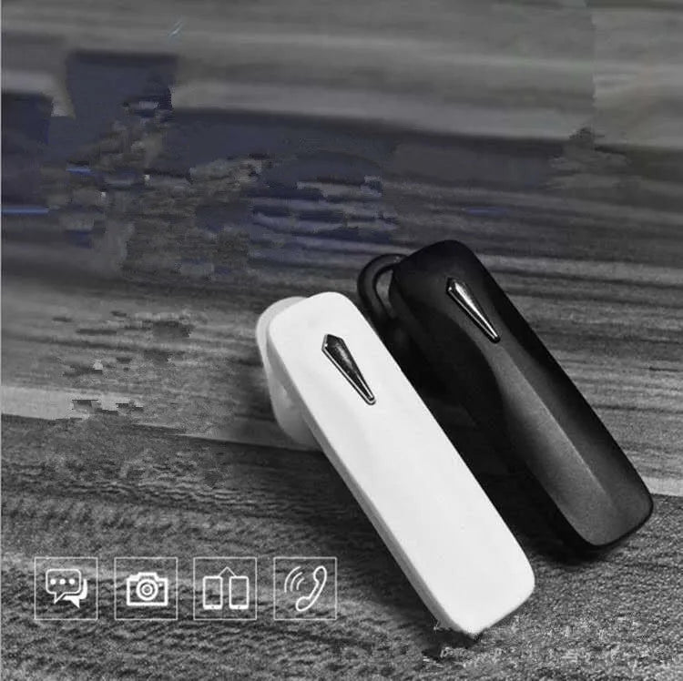 M163 black and white Bluetooth wireless headset for hands-free calls and music in the car.