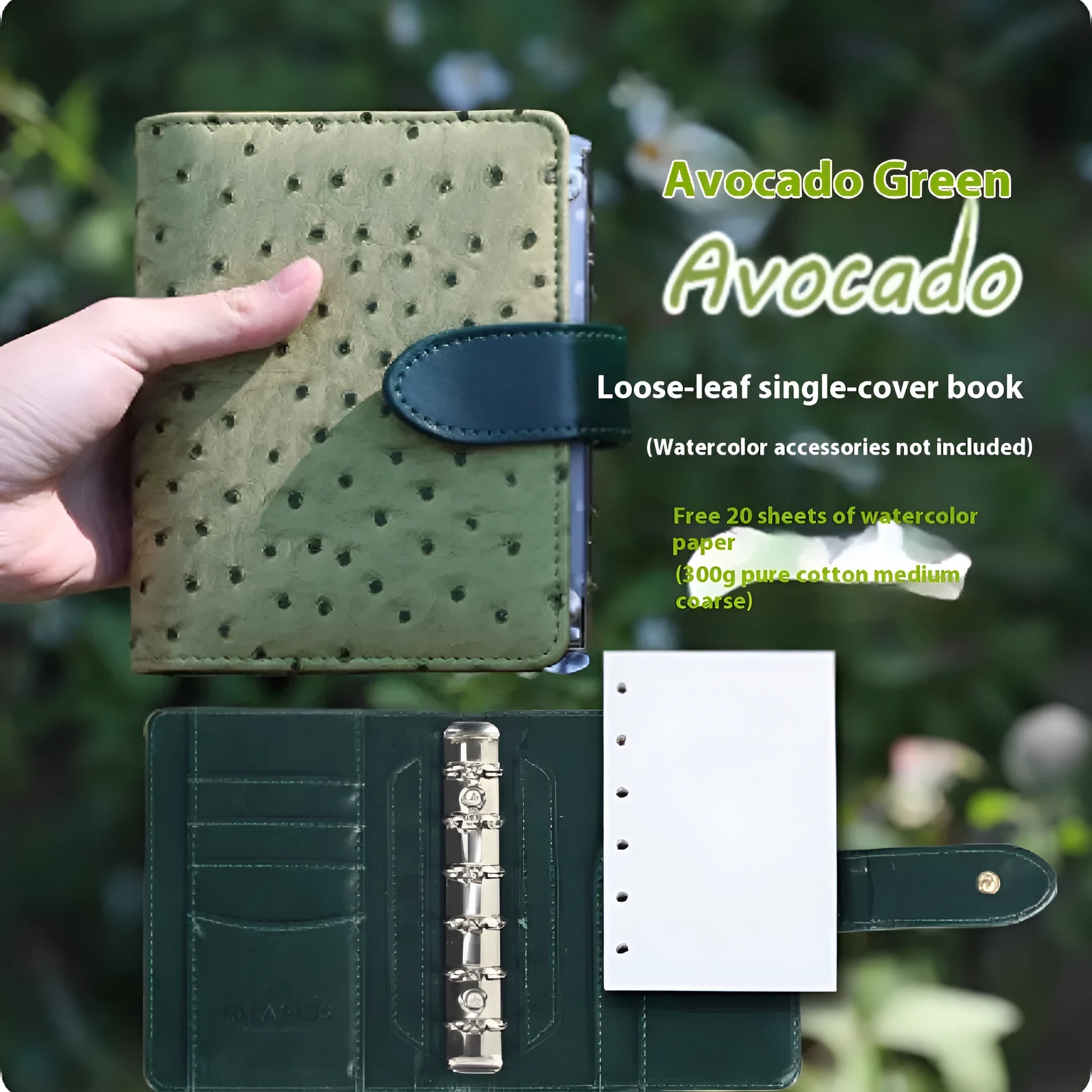 A7 sized ring-bound loose-leaf watercolour notebook in a choice of five natural coloured covers.