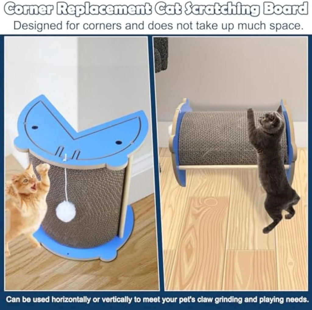 Corner-mounted cat scratching pad with hanging ball toy in grey cardboard