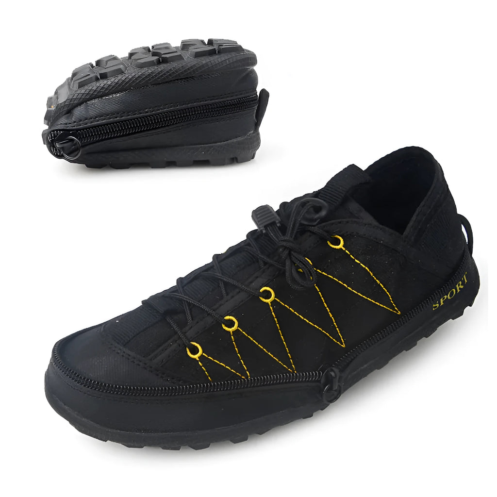 Portable folding outdoor hiking shoes in orange with side zipper and mesh upper