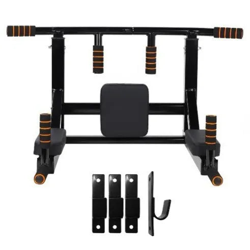 Black wall-mounted fitness equipment with integrated sandbag rack and parallel pull-up bars for indoor and outdoor strength training