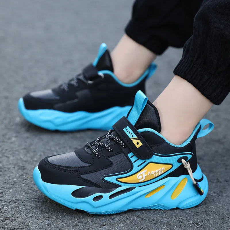 Boys' dark blue platform sports shoes with Velcro strap and breathable mesh upper
