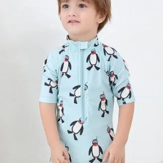 Boys penguin print long sleeve swimsuit with matching swimming cap