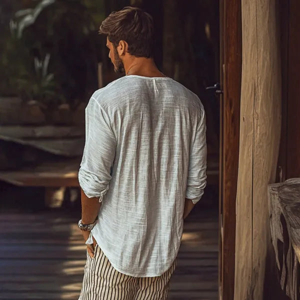 Beige slim fit V-neck long sleeve t-shirt made from hemp blend polyester fabric.