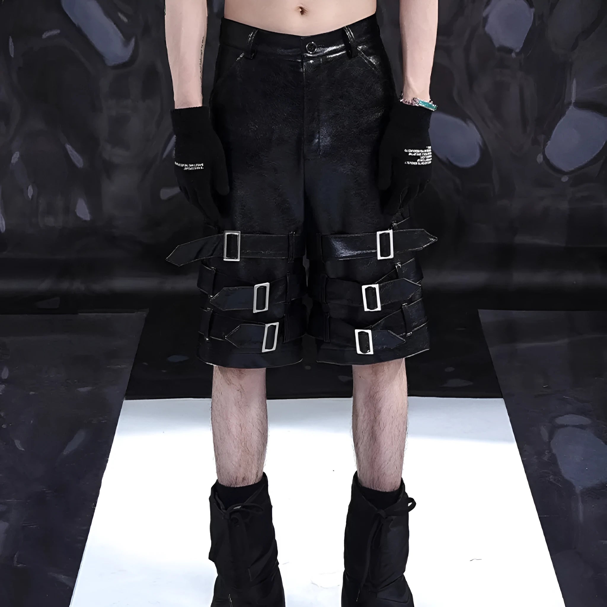 Men's black PU leather casual cropped shorts with leather ring detailing, medium to low waist design