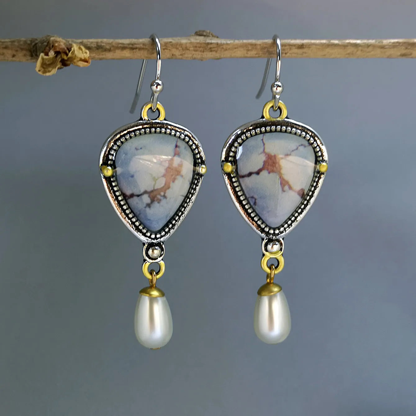 Lavender turquoise blue and white pearl drop earrings with electroplated metal geometric design