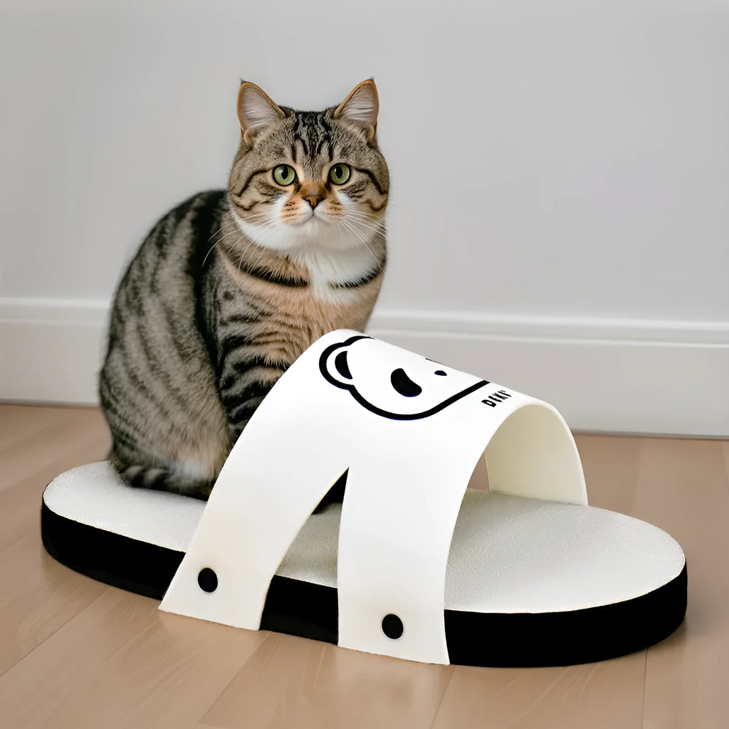 White corrugated paper cat scratch board in a slipper style shape.