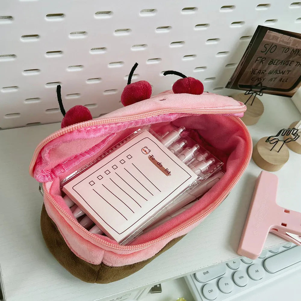 Red velvet pencil case with cherry cake print design and Korean style