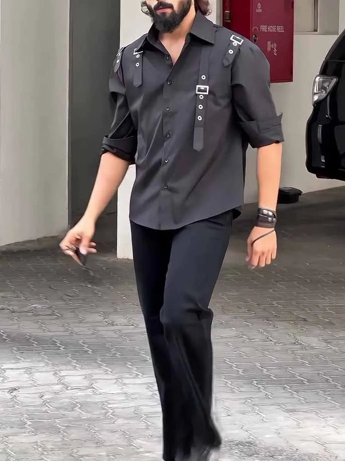 Men's black button-up utility shirt with long sleeves and regular fit on mannequin