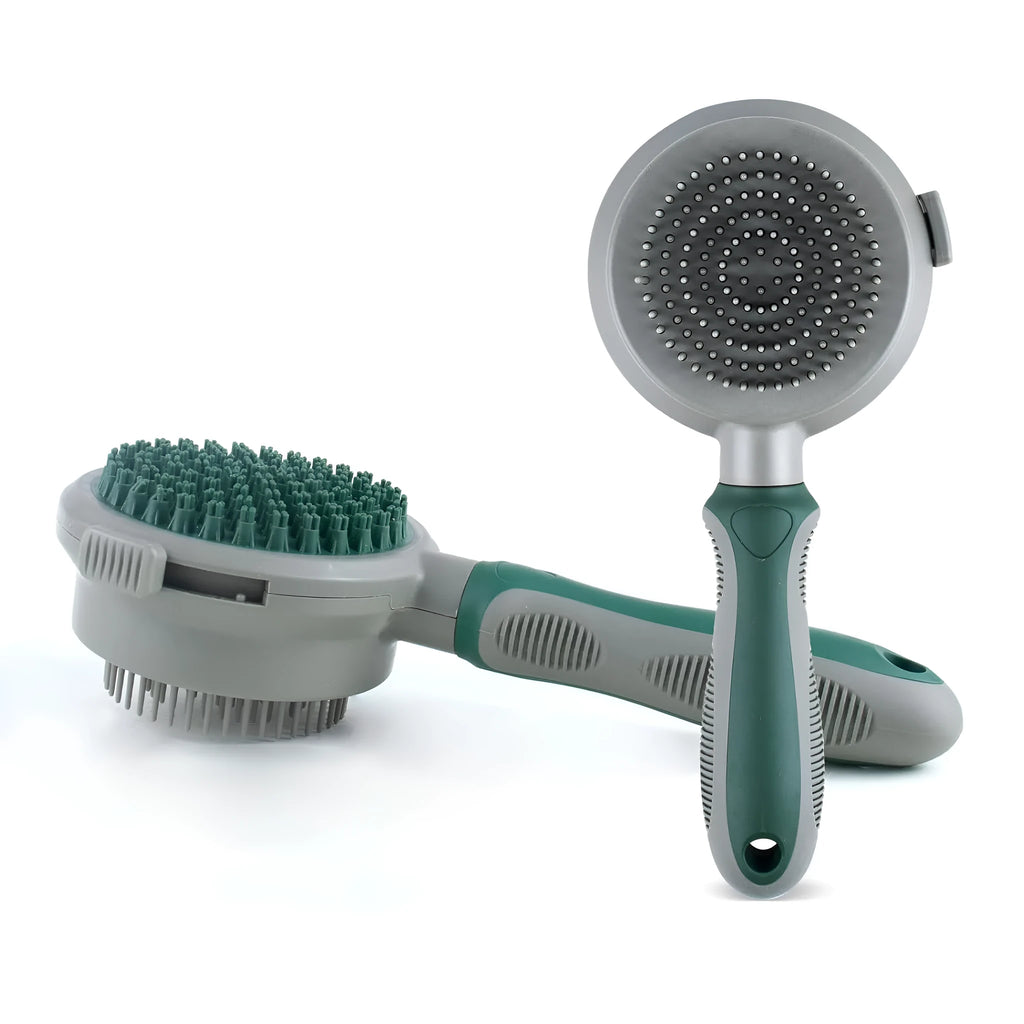 Two-sided silicone cat brush showing retractable slicker side and octopus-teeth massager side