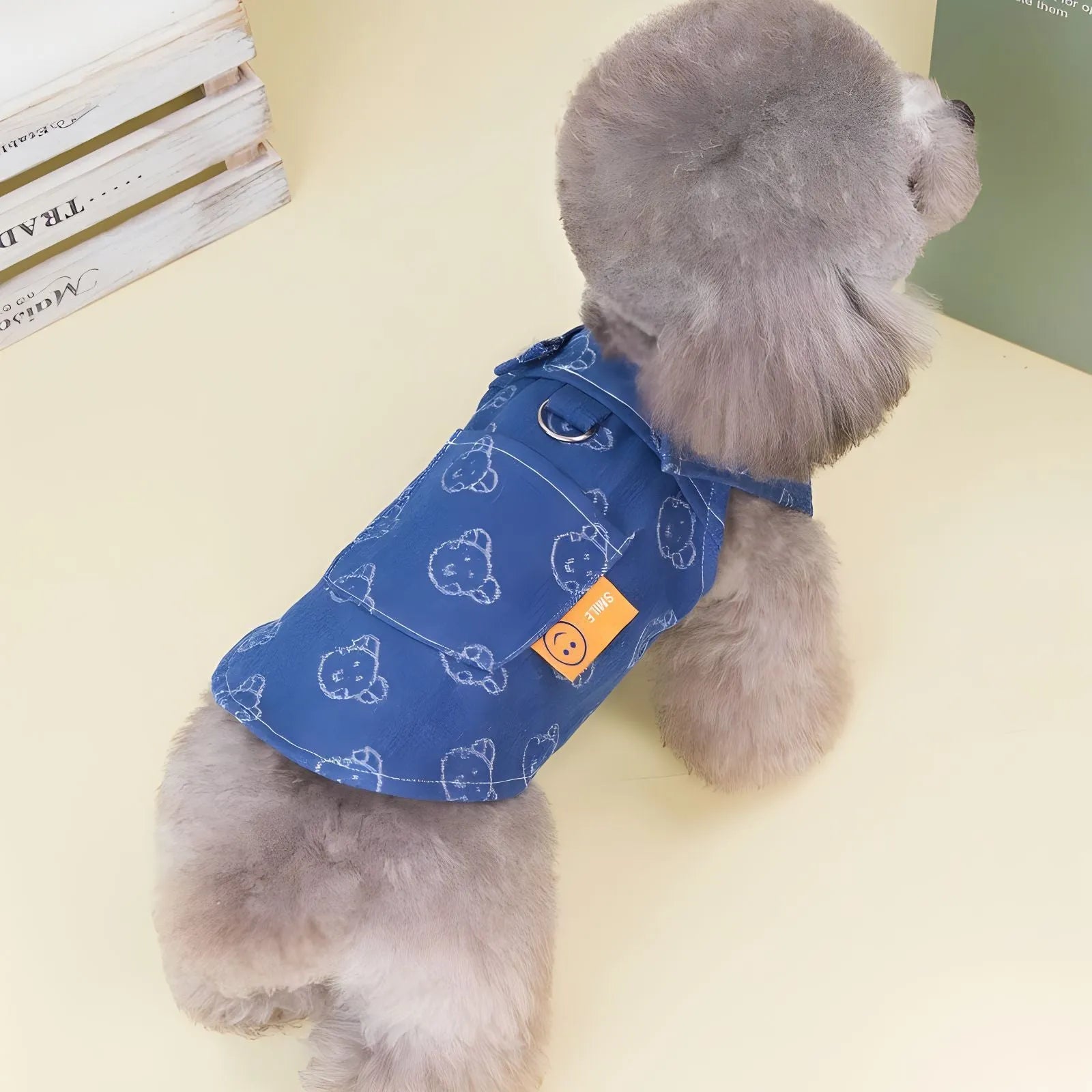 Small dog wearing thin denim princess dress with bracket skirt design for spring or autumn weather