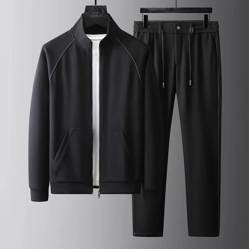Men's stand collar slim-fit sports suit jacket and trousers in black, coffee, or black fleece-lined options.