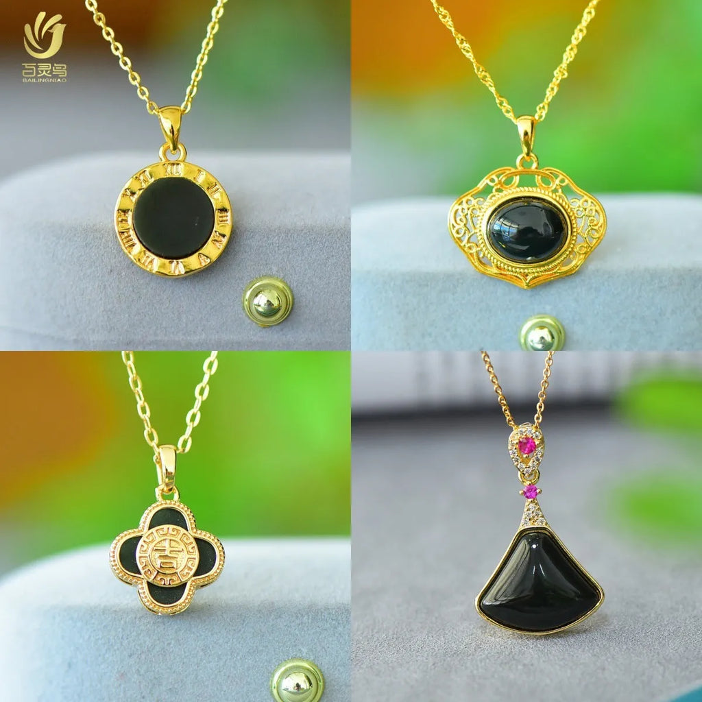 Copper inlaid natural gray Hetian jade flat pendant necklace with modern minimalist design